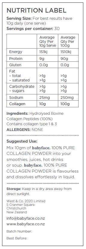 babyface® 100% pure collagen powder - 300gm - 30 day supply